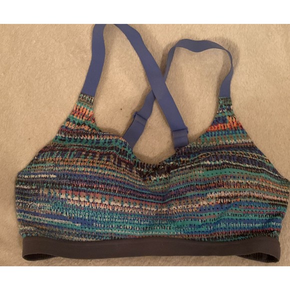 Victoria's Secret Victoria Sport Sports Bra Blue Stripe Racerback 34D Athletic - Picture 1 of 7